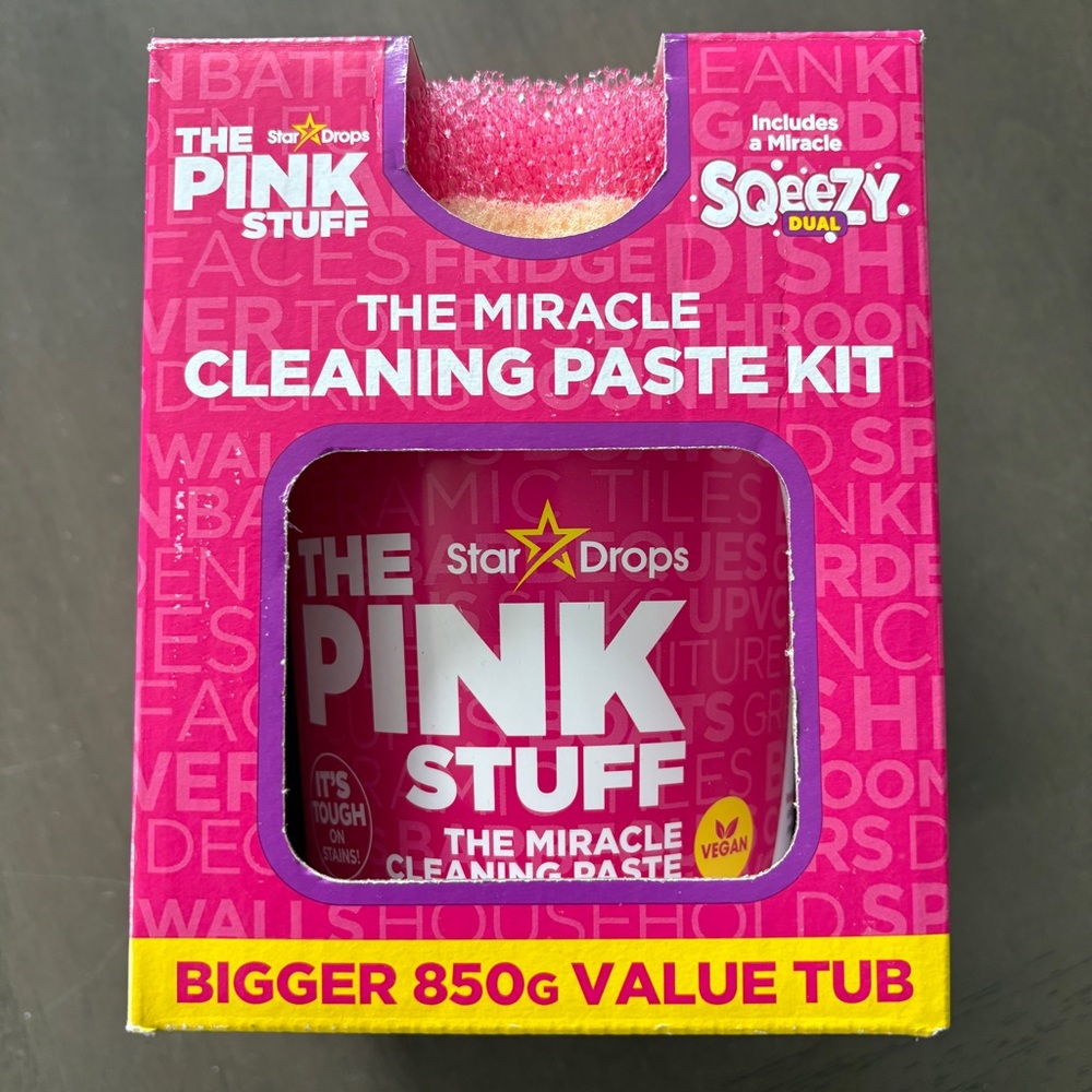 The Pink Stuff Miracle Cleaning Paste Kit includes dual sided scrubber sponge